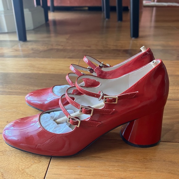 Charles and Keith triple buckled Red Mary Janes with Cylindrical Heels - Picture 3 of 7